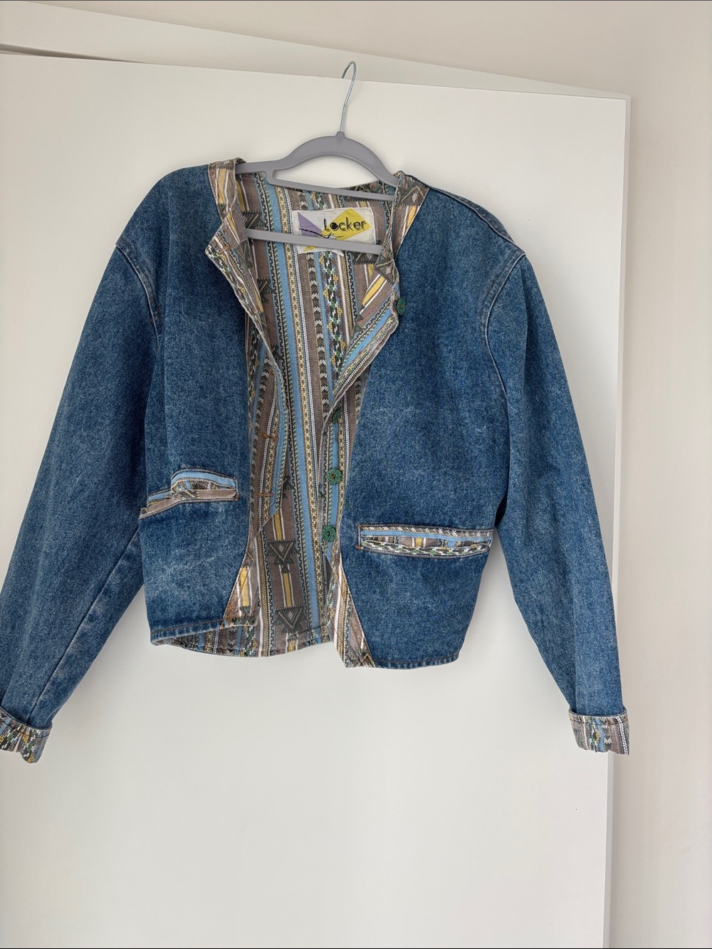 Vintage Blue Denim Jacket with Patterned Trim